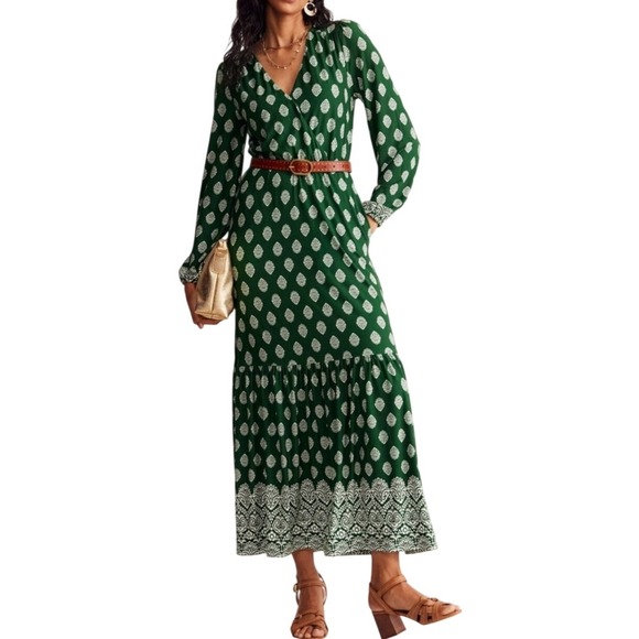 Boden Dresses & Skirts - Boden Ophelia Wrap Dress Womens 8 Green Block Print Jersey Maxi Long Sleeve